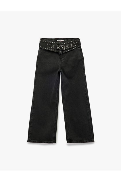 Wide Leg Denim Pants with Eyelet Detail and Cotton Belt