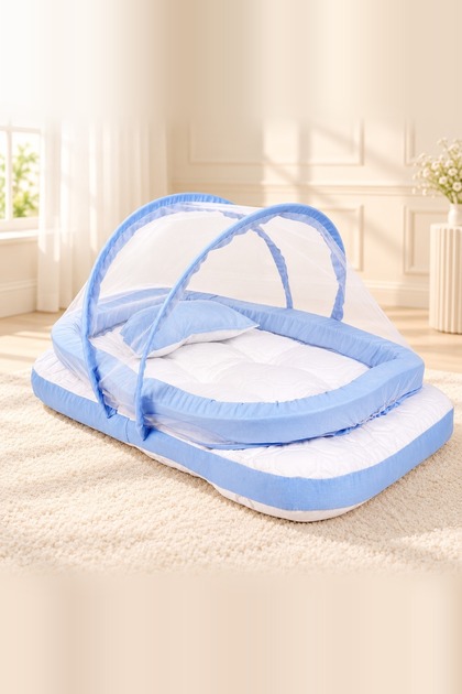 Baby Nest Bed with Foldable Mosquito Net, Mattress and Pillow, Blue & White