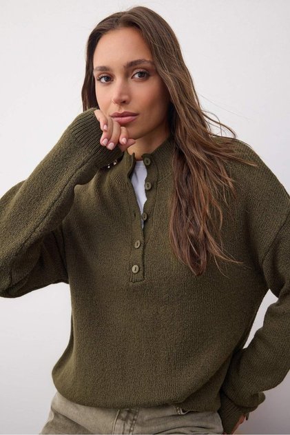 Soft Textured Stand Collar Half Placket Buttoned Knitwear Sweater Aw25Kz0140