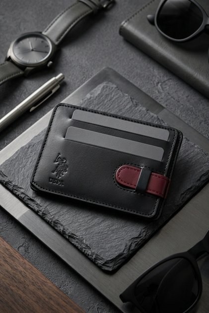 US Polo Assn. 8427-8428 حامل بطاقة محفظة جلد طبيعي أسود