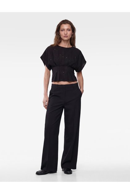 Viscose Salda Fabric Crew-Neck Short-Sleeve Sequin-Embroidered Waist-Accented Pleated Blouse