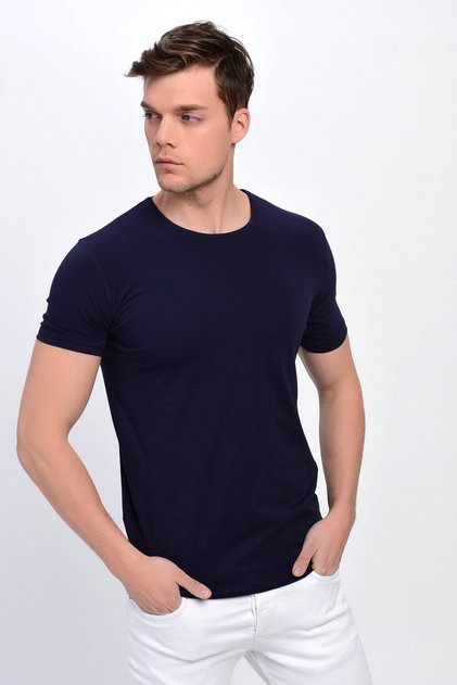 Men's Navy Blue Plus Size Crew Neck Lycra Basic T-shirt