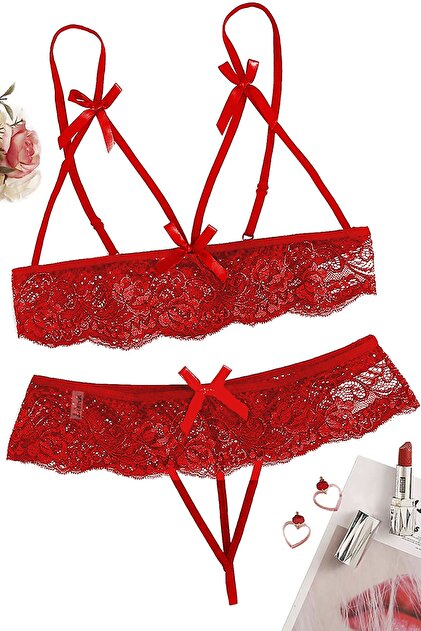 Liona Fantasy Lingerie Special Zones Light Red Lace Fancy Bra Panty Set-  Trendyol
