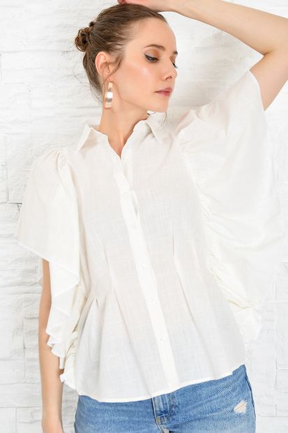 Trend Alaçatı Stili Kadın Beyaz Volanlı Dokuma Gömlek DNZ-3158 - 1