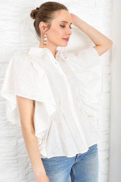 Trend Alaçatı Stili Kadın Beyaz Volanlı Dokuma Gömlek DNZ-3158 - 2