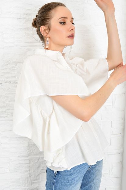 Trend Alaçatı Stili Kadın Beyaz Volanlı Dokuma Gömlek DNZ-3158 - 3