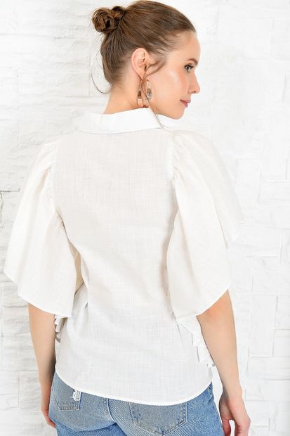 Trend Alaçatı Stili Kadın Beyaz Volanlı Dokuma Gömlek DNZ-3158 - 4