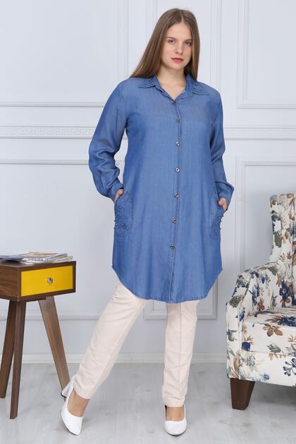 Blue Large Size Tunic Jeans Collar and Pocket Stone Embroidered G013