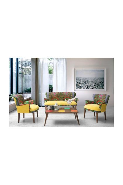 Etnik Desen Çay Seti Koltuk Takımı, Salon, Balkon, 2+1+1 (sarı)