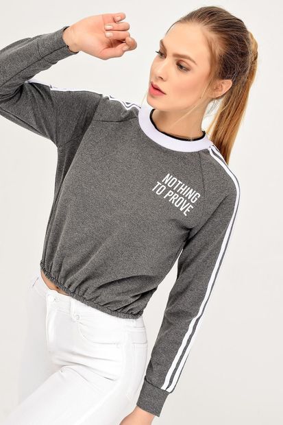 HDS Hadise Antrasit Kolları Şeritli Baskılı Sweatshirt 6601T - 2