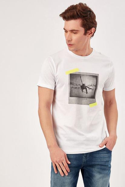 Manche Beyaz Erkek Neon Baskili T-shirt | Me20s214740 - 4