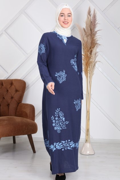 Women's Navy Blue Floral Patterned Cotton Sile Cloth Dress