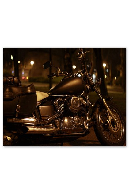 Ahşap Tablo Gece Işıkları Altında Siyah Chopper Motorsiklet (35x50 Cm Boyut)