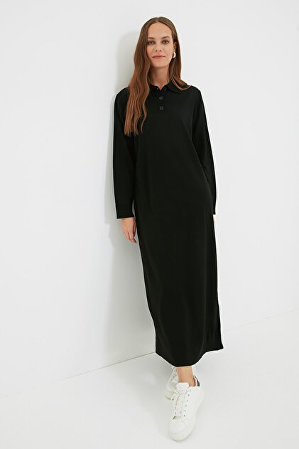 Black Polo Neck Striped Knit Dress TCTAW22EB0212