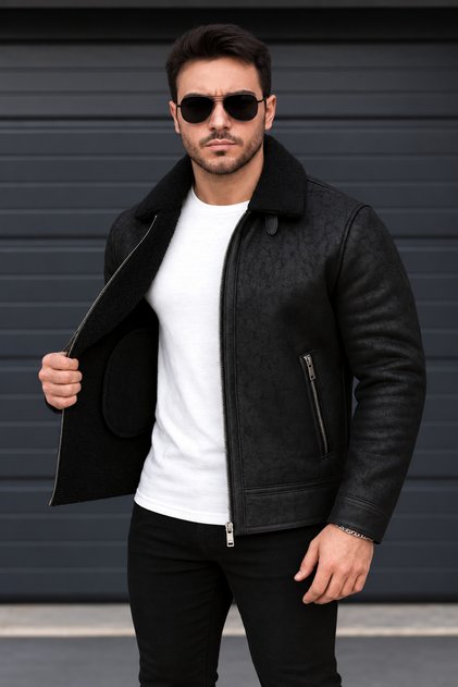 Men's Fur-Trimmed Suede Leather Coat Jacket