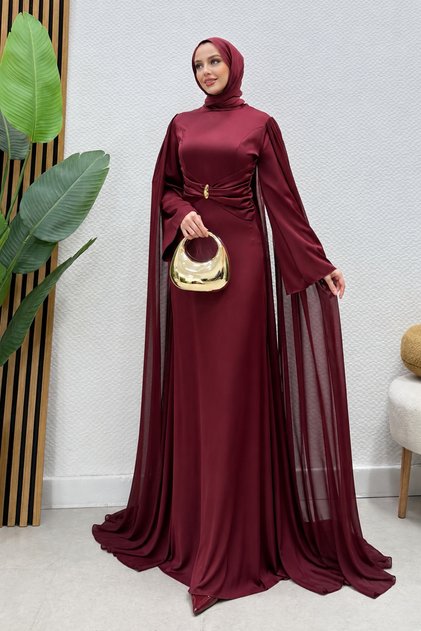 Pelerinli Uzun Saten Tesettür Abiye Elbise