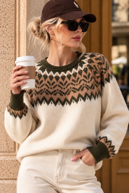 Women's Beige Crew Neck Snow Patterned Knitwear Sweater