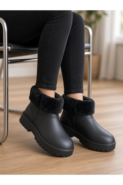 Women's Fur Waterproof Ankle Boots-Black