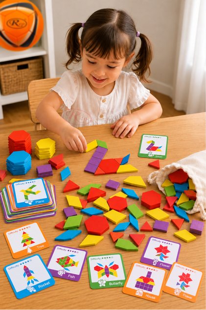 Tangram din Lemn pentru Copii, Joc Educativ Montessori cu 155 Piese Colorate, Forme Geometrice si Planse cu Modele, WD5021