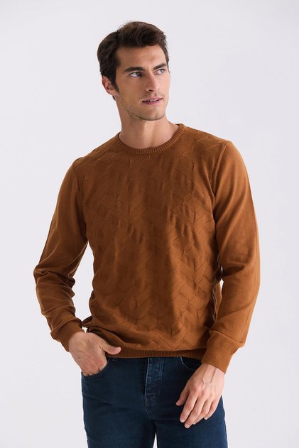 Tarçın Slim Fit Bisiklet Yaka Desenli Triko Kazak