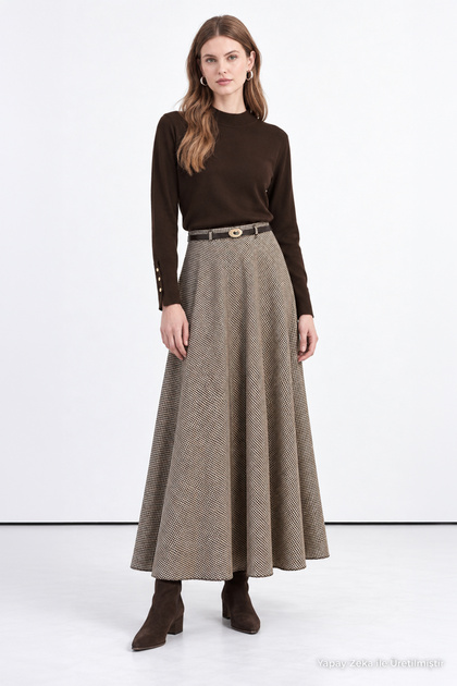 Belted Crowfoot Patterned Brown Skirt 0240
