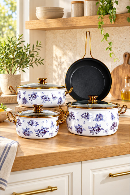 Lilium Titanium-Coated 7-Piece Cookware Set - Rose Pattern - Enamel Exterior Coating