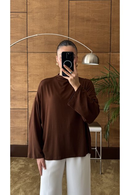 High Collar Oversize Flowy Long Sleeve Brown Blouse