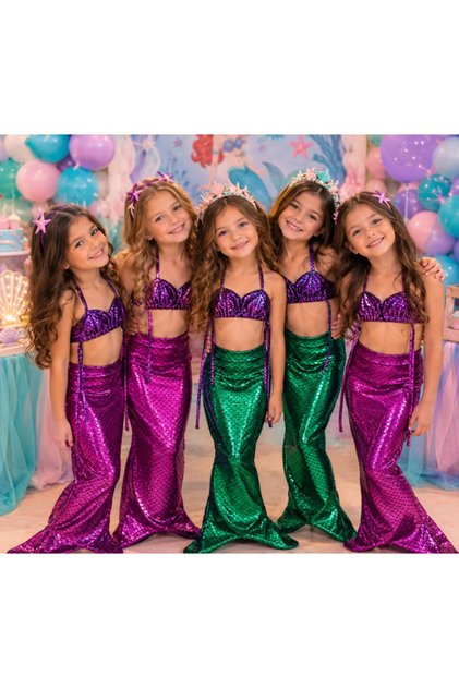 Purple Green Girl's Ariel Mermaid Bikini Pareo Set, 2-Piece Costume