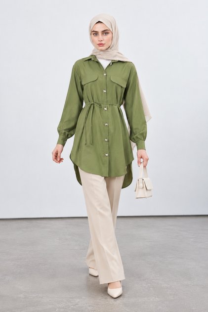 Pocket Covered Waist Lace-Up Tunic-Green