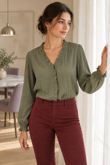 Women's Sage Green Long-Sleeve Blouse with Ruffled Collar and Front, Elasticized Sleeves ARM-25K001030