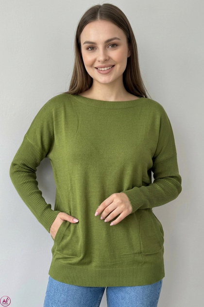Women's Oil Green Crew Neck Lycra Soft Textured Thin Knit Sweater with Side Pockets