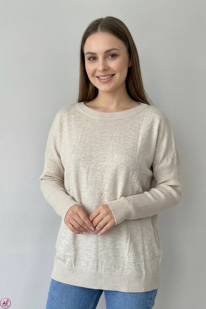 Women's Stone Color Crew Neck Side Pocket Lycra Soft Textured Thin Knit Sweater