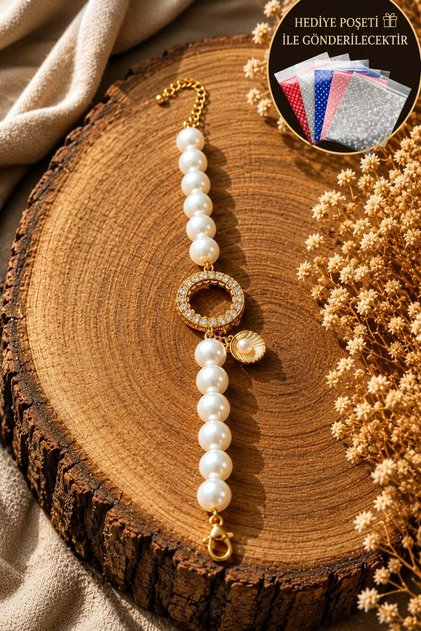 Ç'eyrek ve Gram Uyumlu İstiridye Detaylı Bileklik – İnci Tasarımlı Gold Uyumlu Kadın Bileklik