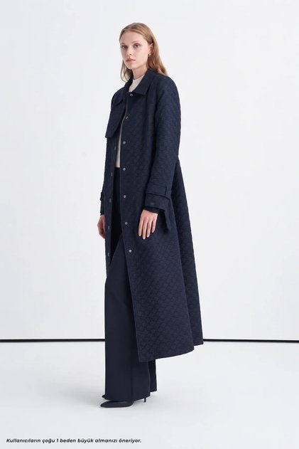 Long Navy Blue Jacket with Belt and Pocket Flaps Giy Çık 14008