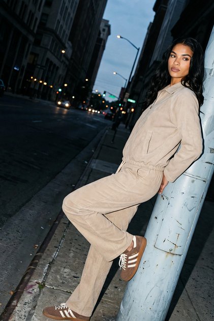 Women's Beige Velvet Zippered Double Tracksuit Set