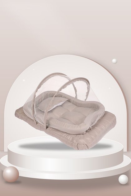 Baby Nest Bed with Foldable Mosquito Net, Mattress and Pillow, Beige