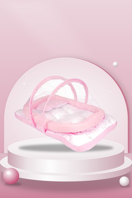 Baby Nest Bed with Foldable Mosquito Net, Mattress and Pillow, Pink & White