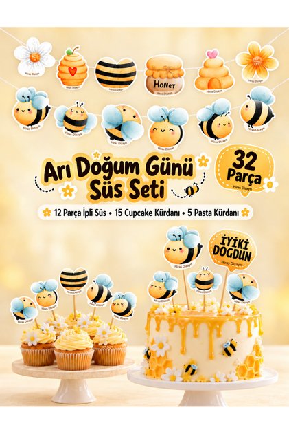 32 Piece Honeybee Themed Giant Birthday Set Banner+Cake Decoration+Cupcake Toothpicks Original Product Cocktail Toothpicks Engagement Birthday Cocktail Invitation and Presentation Cake Decoration Thick Paper