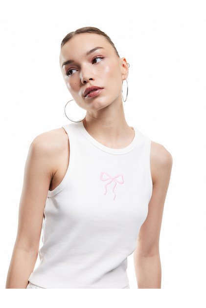 Bow-Printed Crew-Neck Sleeveless Ribbed Tank Top