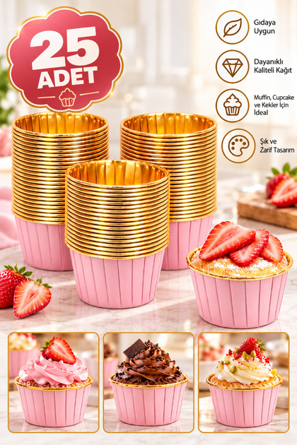 25 Pieces Pink Gold Metallic Muffin Cake Mold Shiny Gold Cupcake Capsule Muffin Mold 7x4 Cm