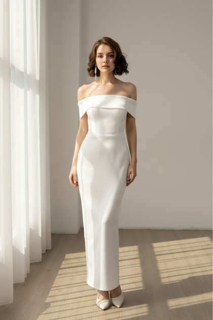 Off White Strapless Neckline Slit Slim Pencil Long Wedding Dress