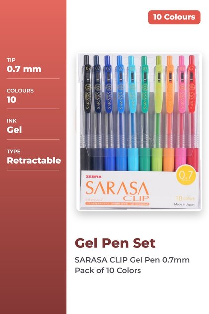 SARASA CLIP Gel Pen 0.7mm Pack of 10 Colors