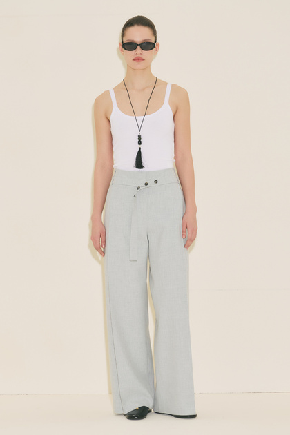 Wide Pleated Detail Ke Belt Pants Blue