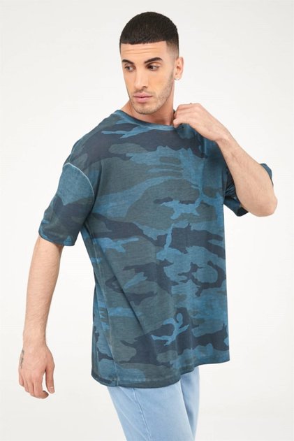 Camouflage Pattern Oil Wash Oversize Long Length Men's Tshirt - Petrol Blue