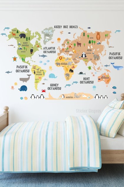Softy Türkçe Dünya Haritası Dünya Atlası Bebek Çocuk Odası Anaokulu Kreş Duvar Sticker