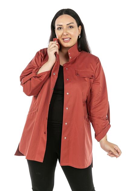 Plus Size Dried Rose Trench Coat with Side Slits, Folded Sleeves, Pockets and Snap Detail
