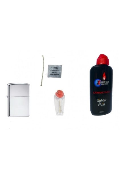 Zippo Model Gümüş Gri Çakmak + X-lite Benzin 80ml + Taş + Fitil 4 Lü Set