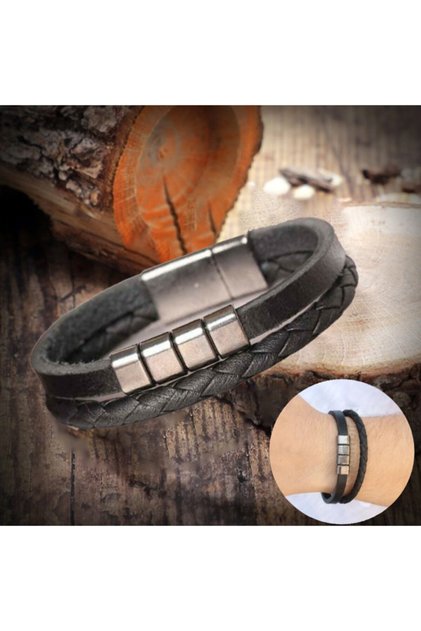 Men's Leather Bracelet Stainless Steel Metal Silver Bracelet Black Magnet Clasp For Male Jewelry