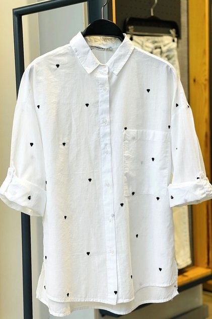 Women's White Heart Embroidered Single Pocket Cotton Shirt