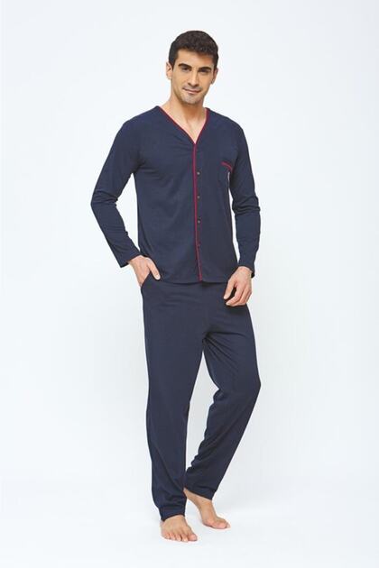 Pamuklu Uzun Kol Boydan Düğmeli Erkek Pijama Takım